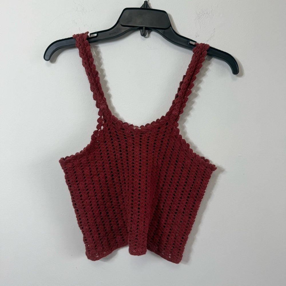 Earthbound Cottagecore Rust Red Crochet Crop Tank Top Scalloped Size L Boho